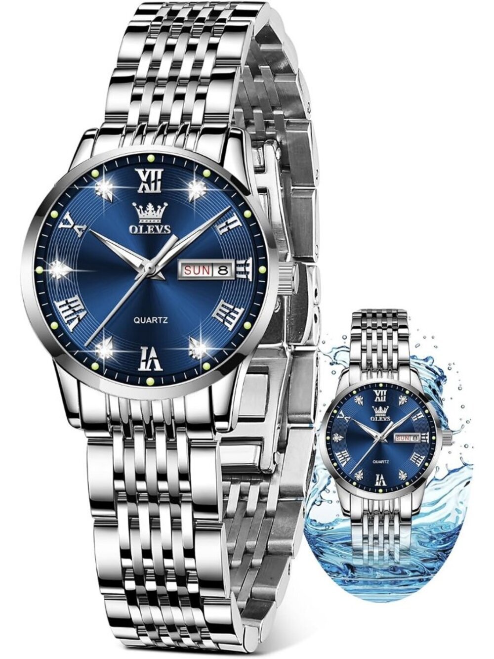 Women's Silver Blue Diamond Adjustable Strap Stainless Steel Luxury Wrist Watch